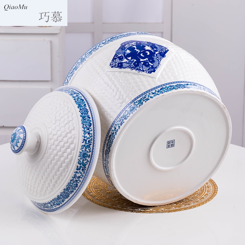 Qiao mu ceramic barrel with cover of jingdezhen ceramic ricer box with cover storage jar airtight household moistureproof insect - resistant reservoir