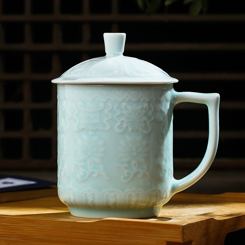 Qiao mu jingdezhen shadow celadon teacup ceramic cup tea cup single CPU office cup with cover cup, cup