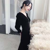 Black evening dress woman 2022 new banquet dress Heben velvet autumn winter host long sleeve