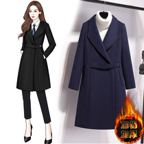 Professional dress woolen coat womens middle length plus cotton thickened sales department work clothes black overcoat winter