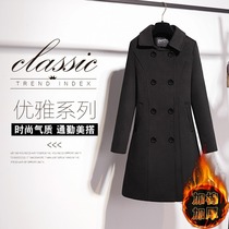 Professional woolen coat womens long double-breasted cotton thickened woolen coat black temperament overalls autumn and winter