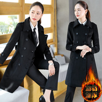 Black professional wear woolen coat womens autumn and winter long cotton padded work clothes woolen coat business dress