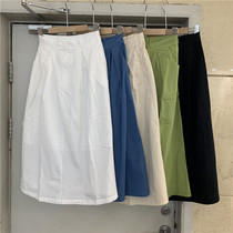 LPPPT summer 2021 elastic waist button skirt medium long umbrella skirt women loose and wild thin A-line skirt