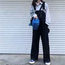 Bib womens summer thin American retro straight wide leg pants salt mopping pants loose high waist jeans tide