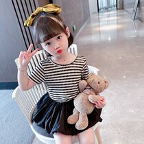 Tide brand girl Net red suit summer gas pullover stripe short sleeve T-shirt 2021 New Baby thin two-piece set