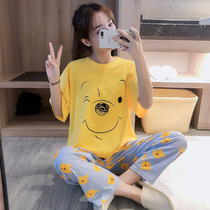 Pajamas women Summer cotton short-sleeved trousers cute bear can wear home clothes loose two-piece set thin