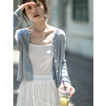 2022 thin knitted cardiovert cardiovert blouses jacket light blue V neckline cardiovert summer sunscreen air conditioning