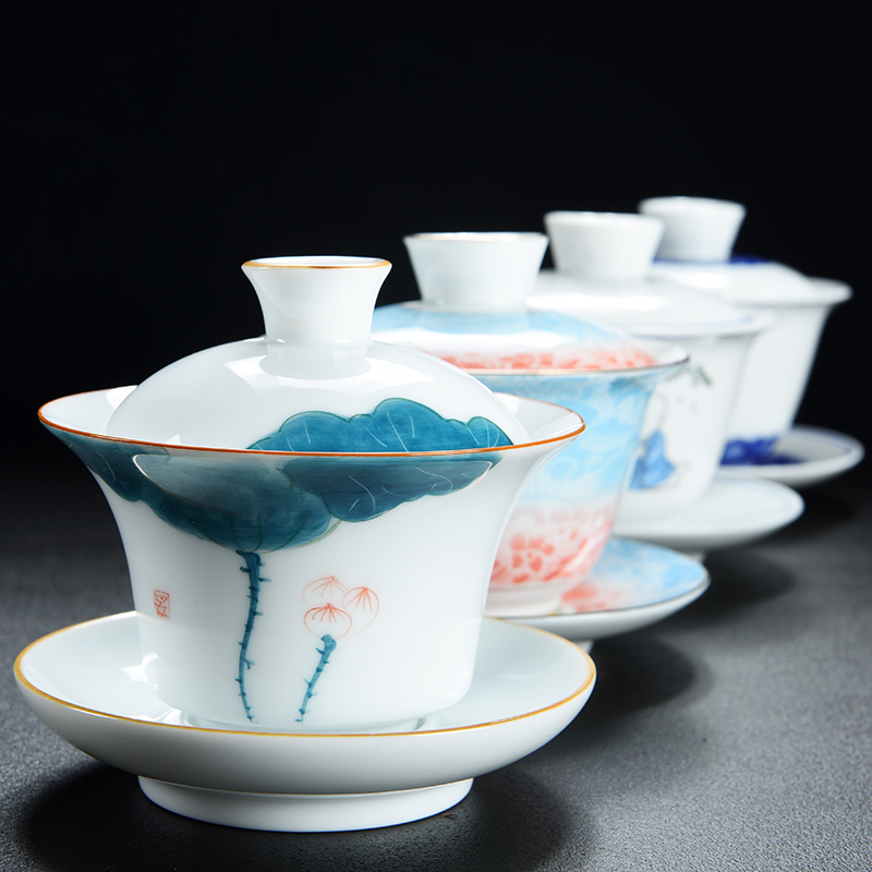 Blue and white tureen tea cups large three GaiWanCha make tea exquisite hollow ceramic kung fu to the bowl