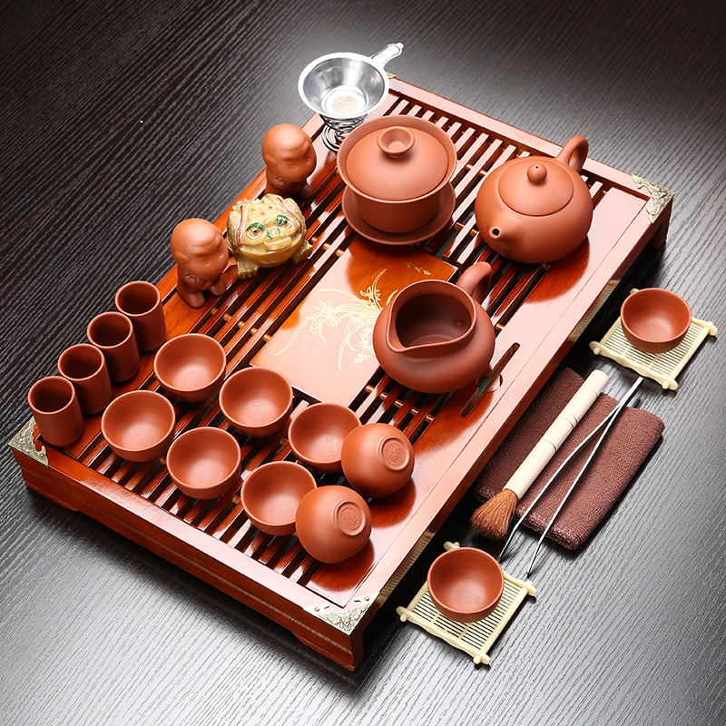 Sand embellish tea set suit household contracted kung fu tea set solid wood tea tray of a complete set of ceramic purple Sand tea cups of tea