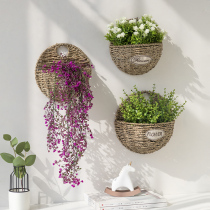 Pastoral wind rattan woven flower basket Creative green plant wall flower pot Wall hanging room restaurant background wall decoration hanging decoration