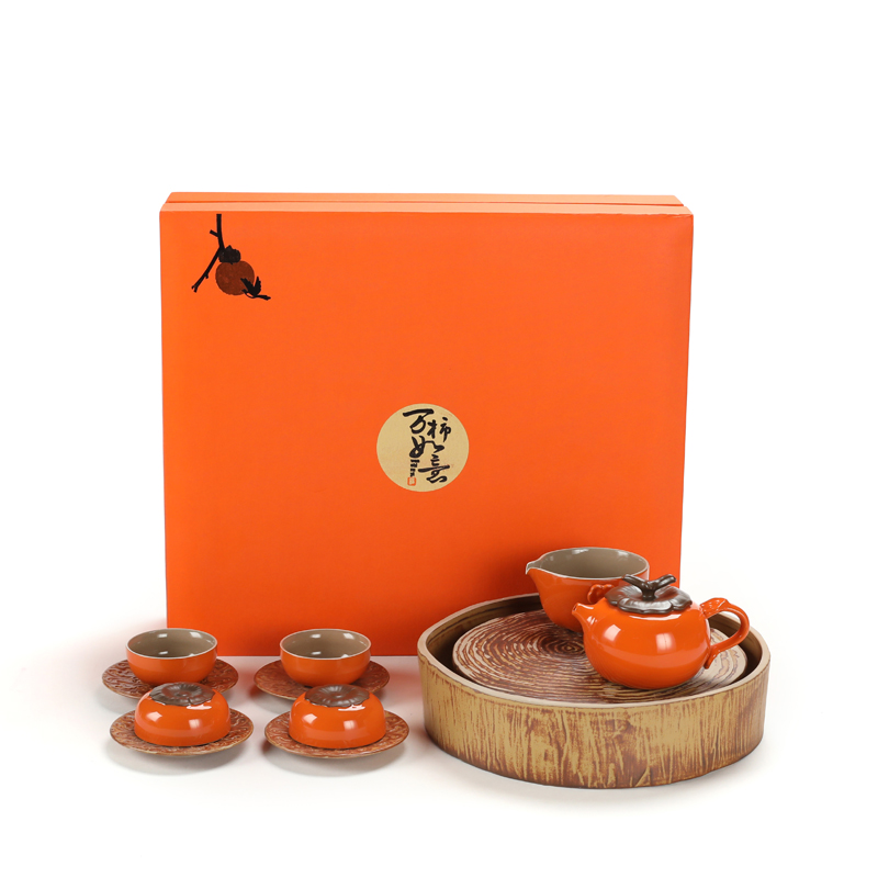 Poly real (sheng persimmon persimmon tea set suit household ceramics by hand is the best holiday gift box of the teapot teacup set of kung fu