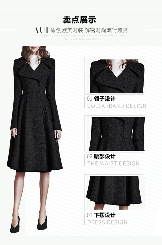 Áo khoác len của phụ nữ chiều dài giữa mùa đông 2021 quần áo phụ nữ mới của Nizi màu đen eo thon và áo khoác len mỏng - Trung bình và dài Coat