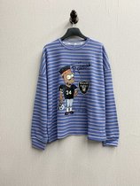 Foreign trade tail goods spring women striped cartoon printing round neck wild loose off shoulder long sleeve T-shirt sweater