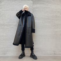 Winter light luxury leather wool one windbreaker mens long style plus velvet thickened warm personality motorcycle leather jacket over the knee jacket