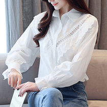White shirt womens long-sleeved solid color top Large size loose thin spring lace stitching lace openwork cotton shirt
