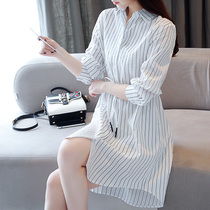 Striped shirt womens long-sleeved medium-length shirt dress autumn waist belt loose thin design shirt dress