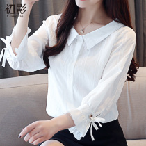 White shirt womens seven-point sleeve 2021 summer new lapel loose thin Korean version temperament fresh v-neck white shirt