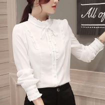 Court style fairy temperament Chiffon shirt womens long-sleeved white shirt bow tie ear collar embroidery base shirt spring