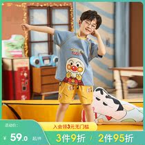 Child Pyjamas Boy Summer Short Sleeve Pure Cotton Cartoon Thin Little Boy Great Boy Baby Summertime Home Suit Suit