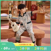 Child Sleepwear Summer Boy Short Sleeve Pure Cotton Summer Thin boy 12-15-year-old CUHK Home Residence Suit Suit