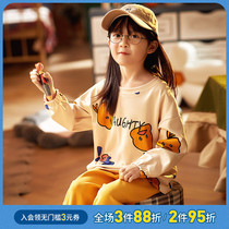 Thin childrens pajamas Autumn girls cotton long-sleeved two-piece suit girls middle and large children round neck baby home clothes