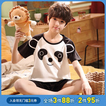 Pure cotton childrens pajamas boys short-sleeved boys summer thin 12-year-old 15-year-old childrens summer home clothes set