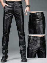 Leather Trousers Mens Cowhide Middle-aged Men's Winter Slim Straight Windproof Waterproof Motorcycle Leather Trousers