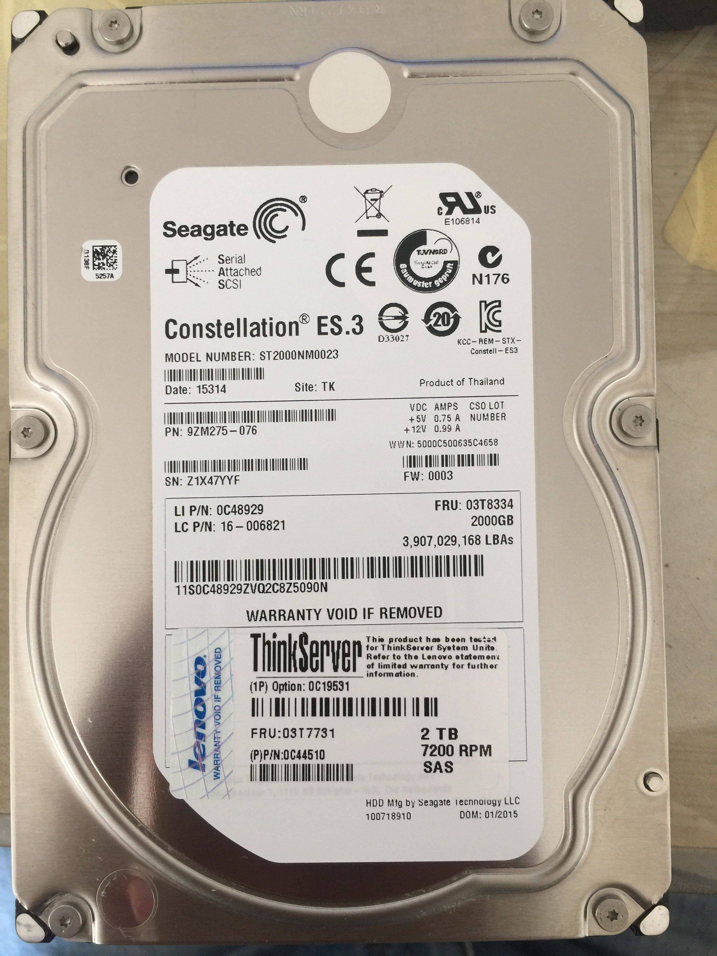 联想2t sas 3.5 7.2k 128m 硬盘 03t8334 16006821 st2000nm0023