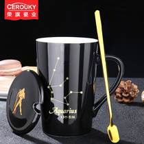 Creative ceramic real gold twelve constellation mug with lid with spoon personality coffee cup couple Cup Tea Cup