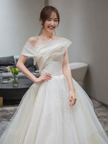 French light wedding dress 2021 new bride temperament word shoulder small man princess style simple cover thick arm summer