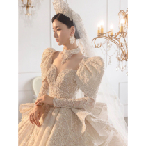 Heavy industry wedding dress 2021 new bridal temperament V collar long sleeve French advanced sense retro court wind tailing winter