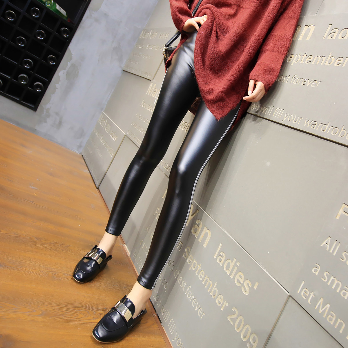 打底裤女裤子秋冬新款女装2017韩版潮款松紧腰小脚铅笔裤女皮裤