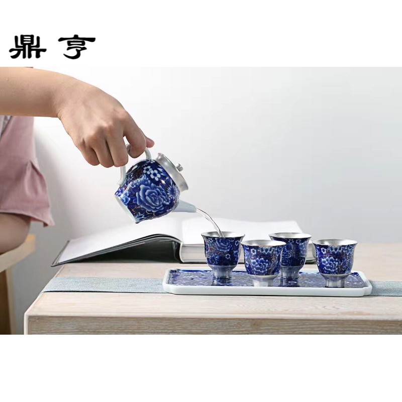 Ding heng coppering. As 999 silver, blue and white porcelain cup silver ceramic teapot single cup tea tray was master cup silver kung fu tea set