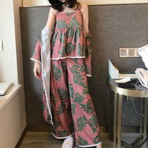 ins Wind pajamas womens spring and autumn three-piece suit Korean version of Sweet Sexy fresh students long sleeve home clothes autumn and winter