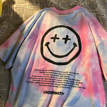 American retro tide ins tie-dye creative smiley face printing T-shirt short-sleeved 2021 spring and summer men and women loose hip-hop tops