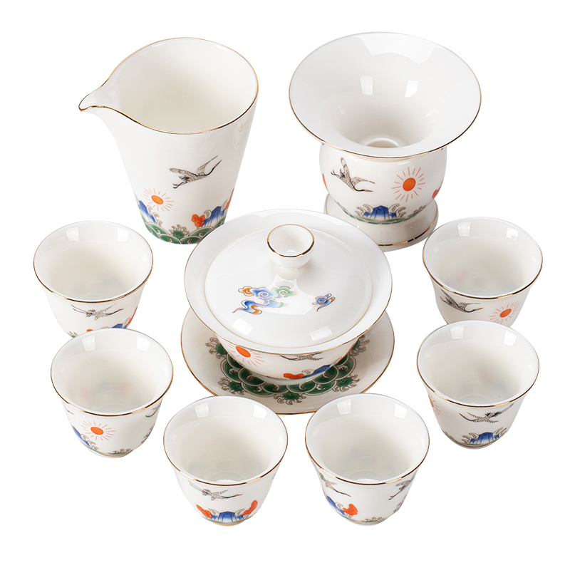 Suet jade tureen tea set dehua white porcelain household ceramics kung fu tea gift boxes of high - grade office