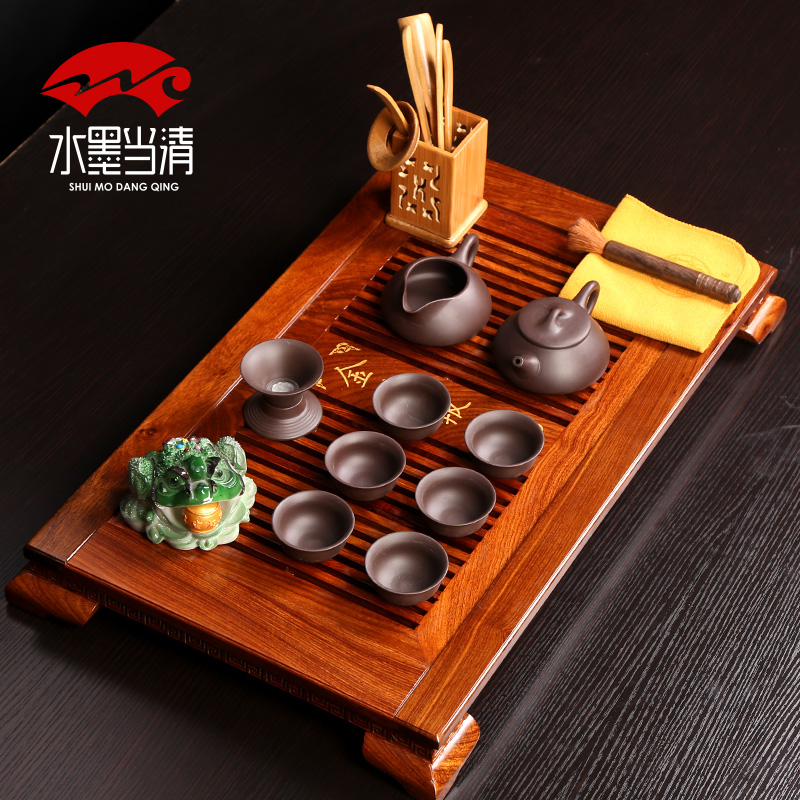 Small kung fu tea set pack of a complete set of household mini move block tea tray is solid wooden simple ceramic tea six people