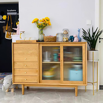 Japanese dining side cabinet Solid wood glass living room wall side cabinet Nordic simple small household cupboard Household oak tea cabinet