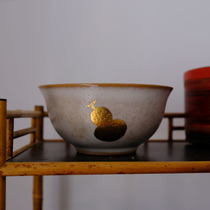 Dust-free side honey gray glaze pure gold gourd rice bowl pure hand-painted antique clay plant ash glaze soup bowl