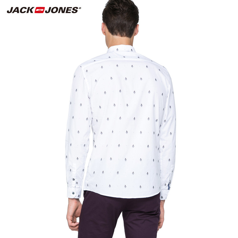 JackJones杰克琼斯纯棉修身图案男装商务长袖衬衫E|215305019