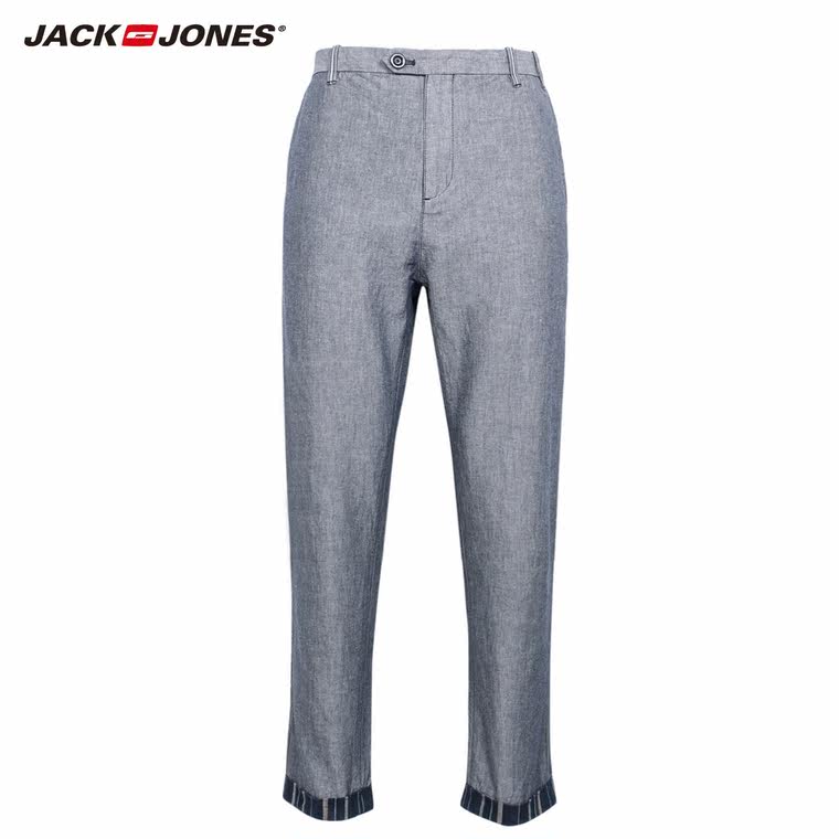 5折JackJones杰克琼斯亚麻条纹卷边水洗休闲长裤S|215214010
