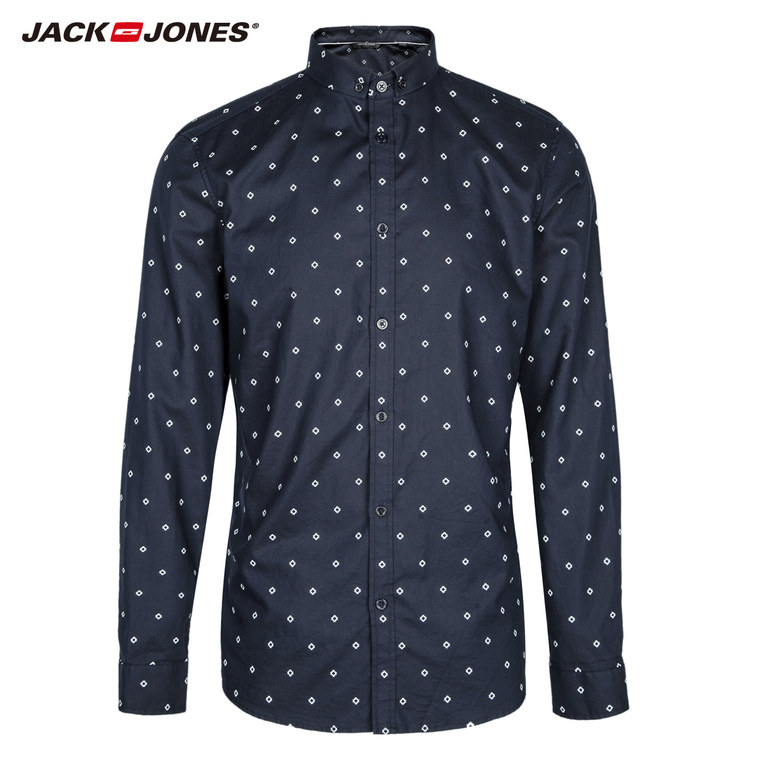 爆JackJones杰克琼斯天丝修身几何男装休闲长袖衬衫C|215305044