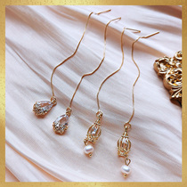 Temperament long water drop ear line retro court baroque pearl zircon earrings simple wild woven cage earrings