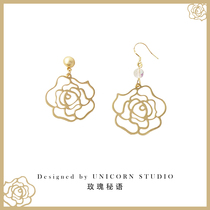 Retro Hong Kong style hollow gold rose earrings simple and elegant matte flower earrings high-end temperament earrings