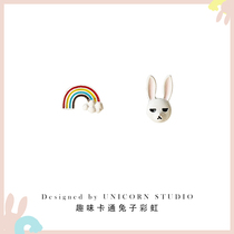 Funny cartoon asymmetrical cute rabbit rainbow earrings girlish temperament oil drop earrings simple and small silver earrings