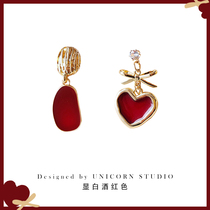 Retro Hong Kong style white wine red earrings simple wild love earrings temperament net red niche elegant silver earrings
