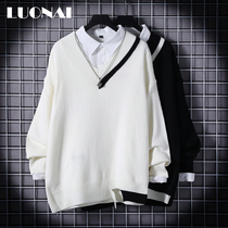 Japanese spring autumn Korean style trendy V-neck long sleeve sweater men's thick loose wool bottoming knitwear winter