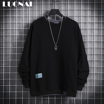 men's fake two piece long sleeve t-shirt pure cotton autumn winter trendy fleece bottoming sweatshirt loose top t-shirt