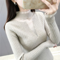 Semi-high collar base shirt womens autumn and winter fashion new net yarn sweater foreign style Joker top slim body sweater