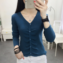 Autumn long sleeve base shirt female slim vneck coat fashion versatile knitwear button short sweater women